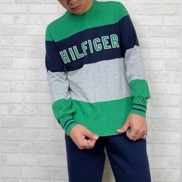 Tommy Hilfiger Logo Sweater Long Sleeve Green Blue Gray XS Preppy Swag - Picture 3 of 8